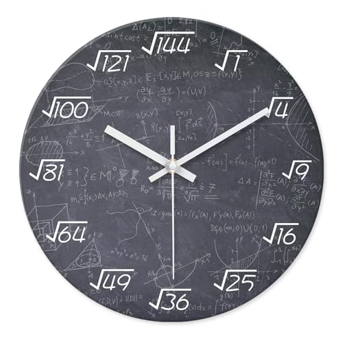 XNM Black Math Clock for Classroom - Glass Small Wall Clocks Battery Operated 12 Inch - Round Silent Wall Clock Non Ticking