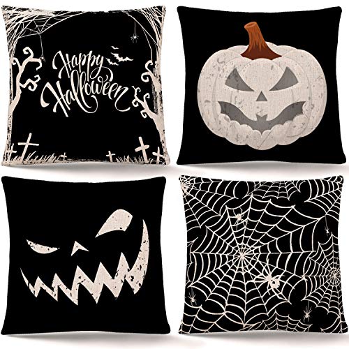 Whaline Happy Halloween Pillow Cover Pumpkin Spider Web Pillow Case Black Linen Throw Cushion Cover Cushion Cases for Home Office Halloween Sofa Bed Decoration, 18' x 18' (4Pcs)