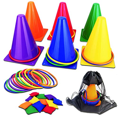 unanscre 31PCS 3 in 1 Carnival Outdoor Games Combo Set for Kids, Soft Plastic Cones Bean Bags Ring Toss Game, Gift for Birthday Party/Xmas