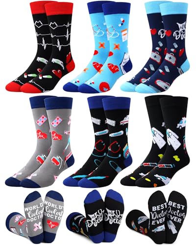 Hercicy 6 Pairs Mens Doctor Socks Dr Socks Medical Socks Pharmacist Socks Doctor Gifts Dr Gifts Doctor Day Gifts Retirement Gifts for Doctors Hospital Workers Med Students