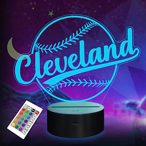 Baseball Gifts, Baseball Night Light, 3D Illusion Lamp for Boys Gift 16 Changing Color Remote Control Kids Room Lighting Ball Decor (Cleveland)