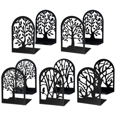 EOOUT Bookends for Shelves Decorative, 5 Pairs of Tree Bookends Supports, Black Metal Book Stoppers for Heavy Books, Heavy Duty Book Ends for Home Office School.