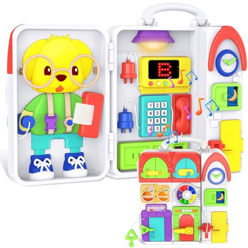 Toddler Toys for 1-2 Year Old Boy, Musical Montessori Busy Board, Early Educational Toy for Toddlers 1-3, Motor Skills Developmental Toy for 12-18 Month Age, Birthday Gift for 1+ Year Old Boy Girl