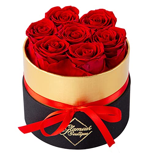 GLAMOUR BOUTIQUE 7-Piece Forever Flowers in a Box - Preserved Roses, Immortal Roses That Last a Year - Eternal Rose Preserved Flowers for Delivery Prime Mothers Day & Valentines Gift for Her - Red