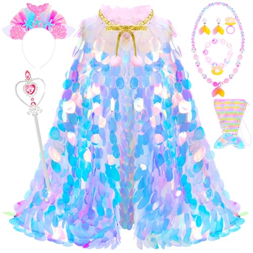 LIMIROLER Princess Dress Up Toys Princess Dress Up Clothes Rainbow Mermaid Cape Kit 9 Pcs Gift Set for Little Girls 3-8 Years Old, Great Gift Set for Birthday Christmas Halloween