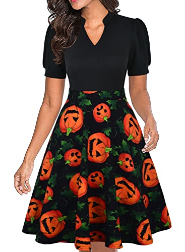 Mokayee Womens Halloween Pumpkin V Neck Puff Sleeve Semi-Formal A-line Flare Cocktail Office Wear to Work Dresses with Pockets XL