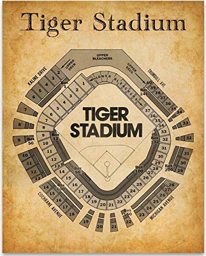 Baseball Decor - Detroit Old Tiger Stadium Seating Chart - Baseball Wall Decor 11x14 Unframed Art Print - Great Baseball Room Decor & Gift, Baseball Poster Sports Vintage Décor