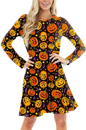 Pumpkin Dresses for Women Halloween Jack O Latern Party Long Sleeve Flare Dress 2XL