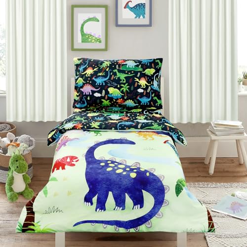 DAYEEBALL 4 Piece Toddler Bedding Set, Ultra Soft and Breathable Cartoon Dinosaur Toddler Comforter Sets for Boys Includes Quilted Comforter, Fitted Sheet, Flat Sheet and Pillowcase