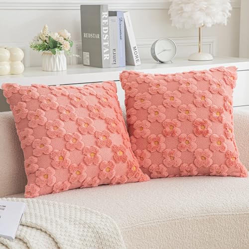 AQOTHES Floral Farmhouse Boho Decorative Pillow Covers Coral Red 18x18 Inch, Spring Summer Throw Pillows for Couch Sofa Bed Home Living Room Decor