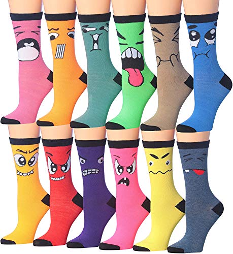 Tipi Toe Women's 12 Pairs Lightweight Colorful Funny Crazy Face Patterned Crew Socks, CR171-T1