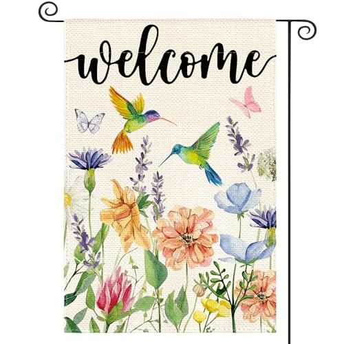 AVOIN colorlife Hummingbird Spring Flowers Garden Flag 12 x 18 Inch Double Sided, Seasonal Welcome Yard Outdoor Flag