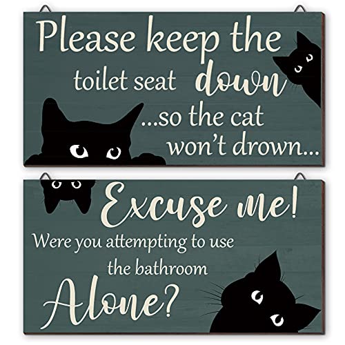 2 Pieces Funny Cat Bathroom Wood Wall Decor Put The Toilet Seat Down Bathroom Wall Art Sign Black Cute Cat Wooden Bathroom Sign Vintage Bathroom Art Sign for Powder Room Restroom Hanging Decoration