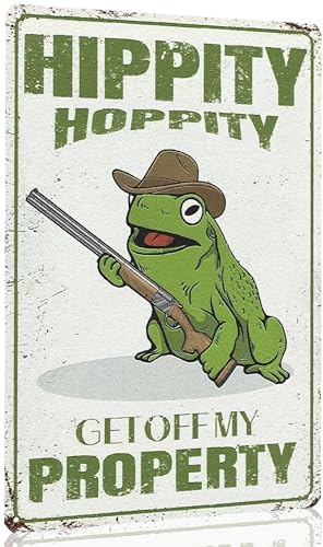 Duiseno Funny Vintage Metal Tin Signs Frog Room Decor Hippity Hoppity Get Off My Property Sign No Tresspassing Private Property Signs Cool Stuff Poster for Home Wall Bedroom Door Garden 12X8 Inches