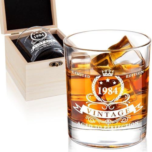 LIGHTEN LIFE 40th Birthday Gifts for Men 12 oz,1984 Whiskey Glass in Valued Wooden Box,Bourbon Glass for 40 Years Old Dad,Husband,Friend,40th Bday Gift Ideas,40th Birthday Decorations