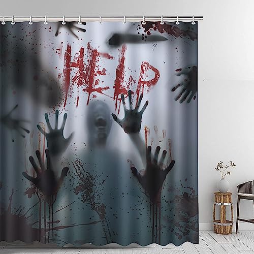 AIBIIN 72x72 inch Halloween Help Me Bloody Hands Shower Curtain for Bathroom Scary Bathroom Window Curtain Bloody Horror Bathtub Curtain Durable Waterproof Fabric Machine Washable with 12 Hooks