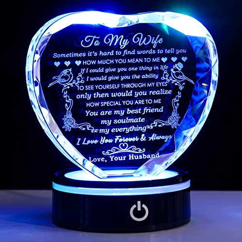 YWHL Gifts for Wife with Colorful LED Base I Love You Gifts for Her from Husband Best Anniversary Birthday Wife Gift Ideas Romantic to My Wife Crystal Keepsakes Presents for Valentine's Day Christmas