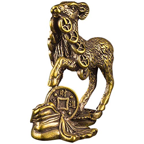 Chinese Zodiac Goat Sculpture Sheep Bite Money Figurine Desktop Animal Statue Ornament Brass Animal Model Table Top Decor for Office Bookshelf Golden