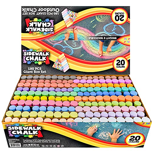 JOYIN 180 PCS Washable Sidewalk Chalks Set in 20 Colors Non-Toxic Jumbo Chalk for Outdoor Art Play, Painting on Chalkboard, Blackboard and Playground