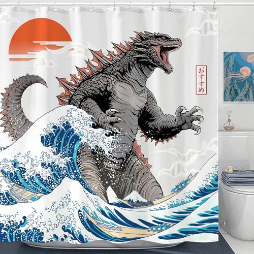 Wegklazax Dinosaur Shower Curtain Monster Funny Shower Curtain Japanese Ocean Wave Shower Curtain Bathroom Curtain Decor Set with 12 Hooks Japanese Monster 72×72 Inches