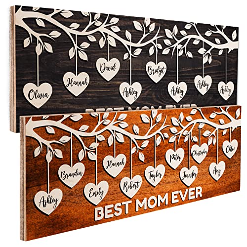 Personalized Family Tree w/Names for Mothers Day Gifts - 4 Colors 7x18in Customized Wood Signs Decor for Best Mom Ever Mother Gifts Custom Mommy Wooden Board Room Wall Art Decorations C1