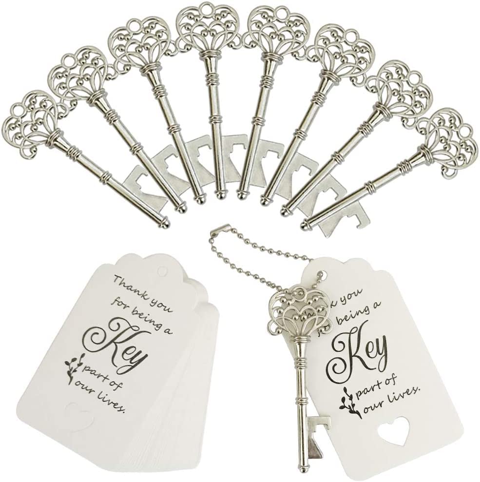 WODEGIFT 100 PCS Wedding Favors Bottle Opener,Wedding Gifts for Guest Vintage Skeleton Key Opener,Key Openers with Escort Tag Cards and Chains (Silver)