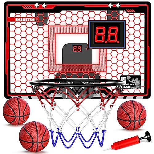 HopeRock Indoor Basketball Hoop for Kids, Over The Door Mini Basketball Hoops, LED Light Mini Hoop with Electronic Scoreboard, Birthday Toys Gifts for 5 6 7 8 9 10 11 12+ Year Old Boys