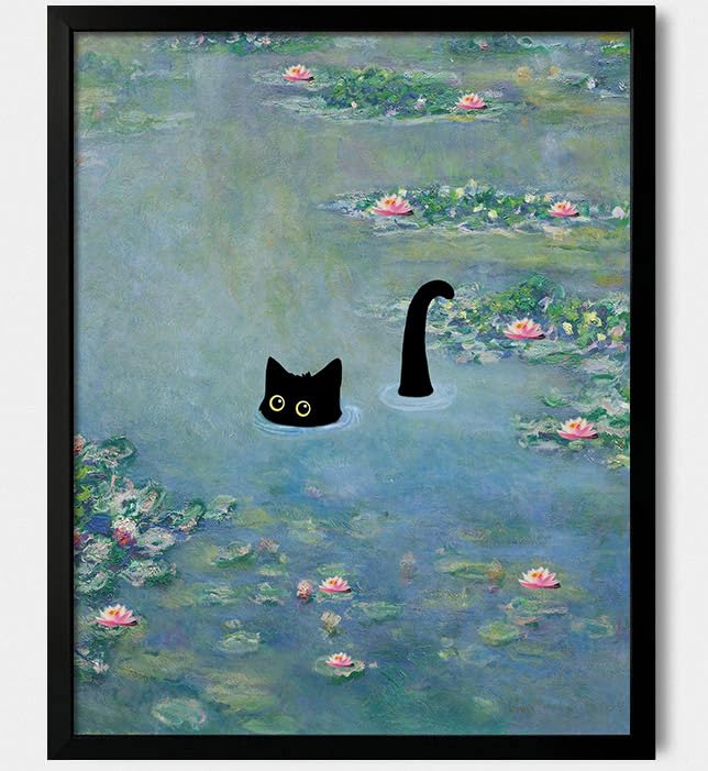 oulawote Cat Wall Art Monet Prints Vintage Canvas Wall Art Funny Cat in Water Lilies Posters for Room Bedroom Living Room Bathroom Wall Decor Aesthetic (Size: 8''x10''x1pcs)