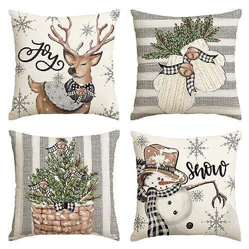 AVOIN colorlife Christmas Snowman Reindeer Gloves Eucalyptus Throw Pillow Covers, 18 x 18 Inch Winter Holiday Stripes Cushion Case Decoration for Sofa Couch Set of 4