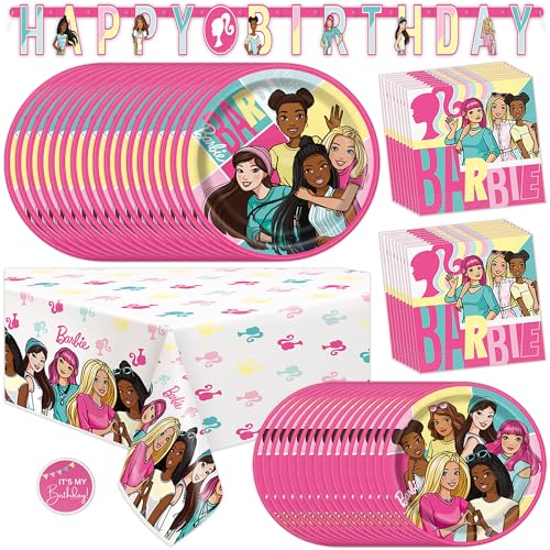 Unique Barbie Party Decorations | Serves 16 Guests | Officially Licensed | Barbie Birthday Decorations | Barbie Party Supplies | Barbie Banner, Tablecloth, Barbie Plates and Napkins, Sticker