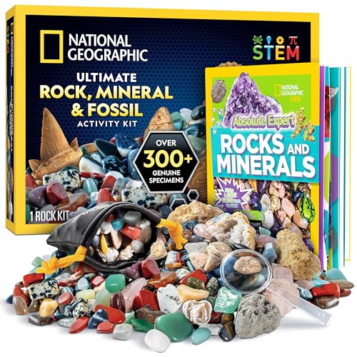 National Geographic Rock Collection Box for Kids – 300 Piece Rock Set with Real Fossils, Gemstones, and Crystals- Includes Absolute Expert: Rocks & Minerals Full-Color Book (Amazon Exclusive)