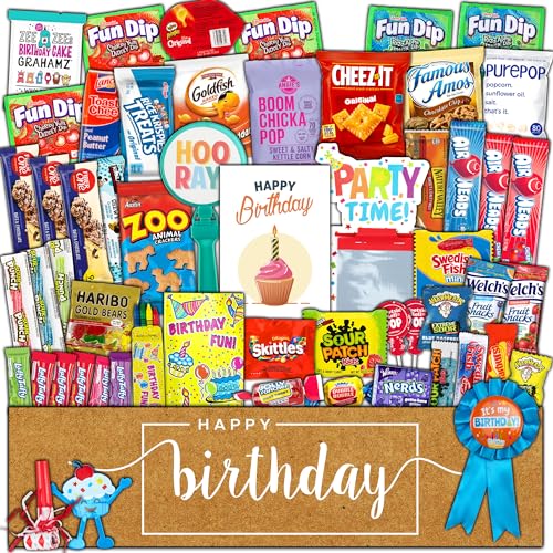 Birthday Party Care Package (50 Count) Snacks Food Cookies Bar Chips Candy Party Variety Gift Box Pack Assortment Basket Bundle Mix Bulk Sampler Treat College Students Kids Teens Office School