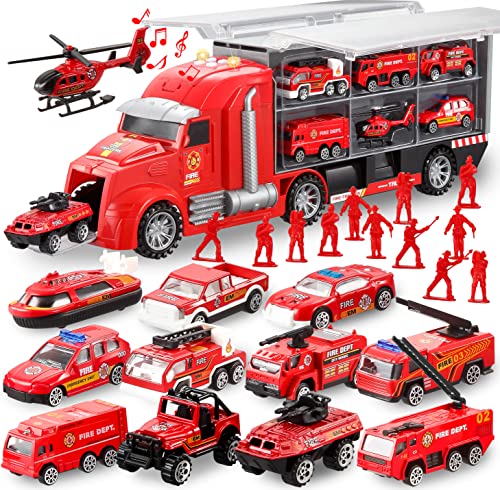 JOYIN 25 in 1 Fire Truck Vehicle Toy Set with Sounds and Lights, Fire Engine Vehicles in Carrier Truck, Mini Rescue Emergency Fire Truck Car Toy, Birthday Gifts for Over 3 Years Old Boys