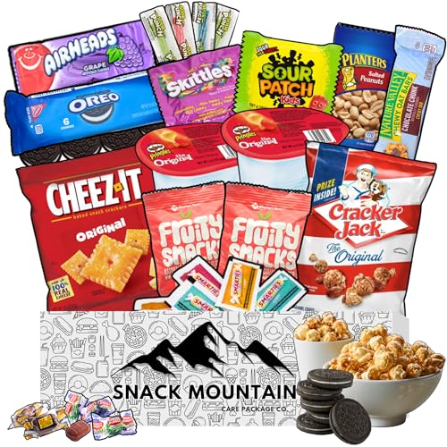 Snack Mountain Care Package 25 Count, Halloween Snacks, Snack Care Package for Teens & Adults, Back to School Gifts, Birthday Snack Gift Box, Care Packages for College Students, Snack Sized Candy Gift Basket, Variety Snack Box, Gift Snack Basket