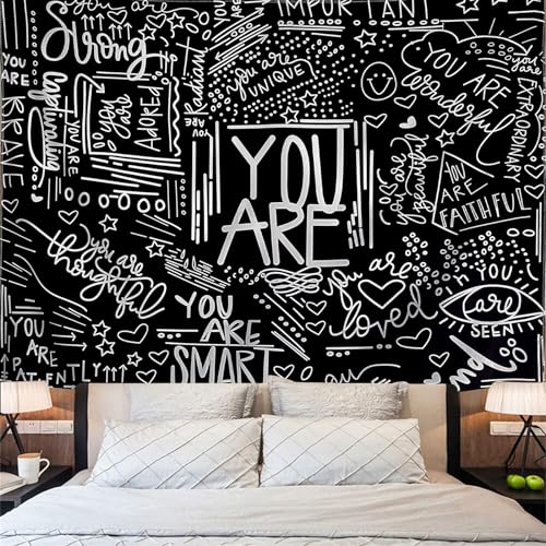 KJHL Quote You Are Wall Tapestry Black and White Inspirational Classroom Kids Tapestries Wall Hanging Motivational Positive Affirmations Saying Aesthetic Tapestry for Bedroom Dorm(51' x 59')