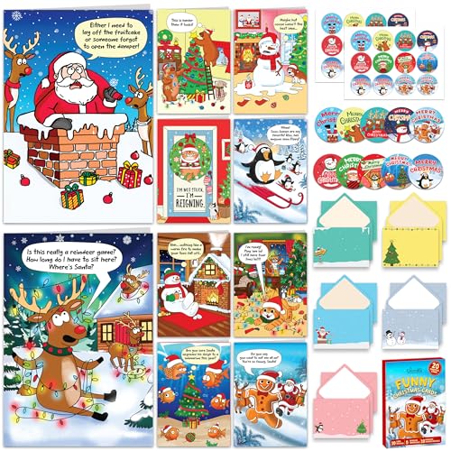 Decorably 20 Pack Funny Christmas Cards Set with Envelopes & Stickers - 10 Designs Printed Message Inside Christmas Cards Funny, 5x7in Funny Boxed Christmas Cards, Funny Xmas Cards Box Set