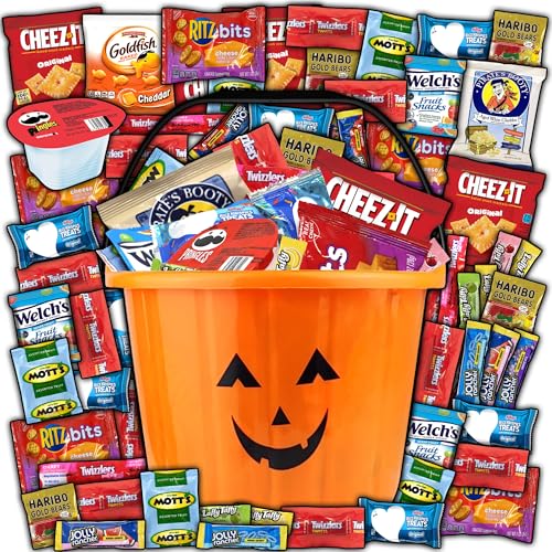 Halloween Candy Gift Basket for Kids and Adults - Trick or Treat Pumpkin Bucket Filled with Assorted Candies, Great Care Package Basket for Boys, Girls and College Students, 45ct