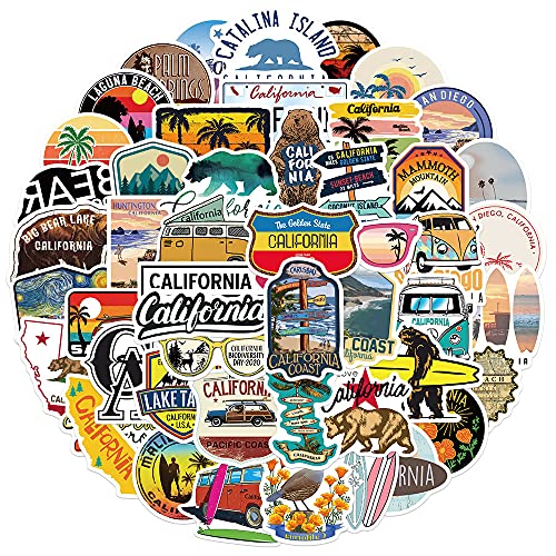 California Aesthetic Stickers, Cool Travel Stickers, 50PCS Hapiuen Waterproof Vinyl Stickers for Water Bottles, Laptop, Luggage, Teens Adults(CA)