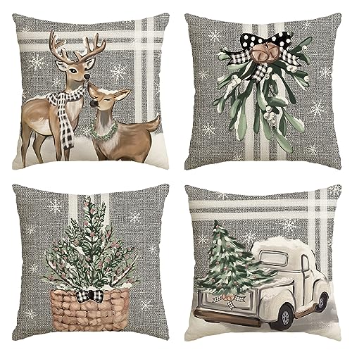 AVOIN colorlife Christmas Tree Reindeer Truck Stripes Gray Throw Pillow Covers, 18 x 18 Inch Winter Holiday Cushion Case Decoration for Sofa Couch Set of 4