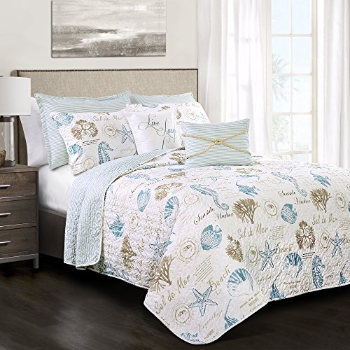 Lush Decor Harbor Life Reversible Quilt Set, 7 Piece Set, Full/ Queen, Blue & Taupe - Striped Nautical Quilt - Sea Life Print - Coastal Bedding Set With Throw Pillows - Beach Decor For Bedroom