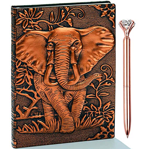 JEWPHX 3D Elephant Vintage Leather Journal Writing Notebook with Pen Set,Antique Handmade Leather Daily Notepad Sketchbook,Travel Diary&Notebooks to Write in,Elephant Journal Gift for Men Women