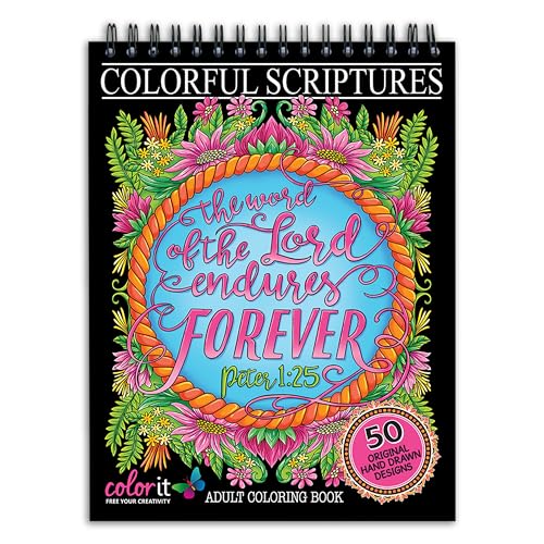 ColorIt Colorful Scriptures Christian Adult Coloring Book, 50 Original Hand Drawn Biblical Designs Printed on Artist Quality Paper, Hardback Covers, Spiral Binding, Perforated Pages, Ink Blotter