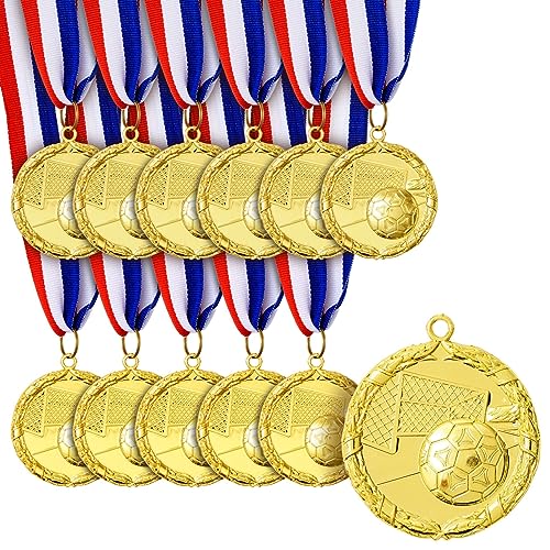 Juvale 12 Pack Soccer Award Medals for Adults - Team Participation Trophies with Red, White, and Blue Striped 15.5' Ribbon, Sports Themed Futbol Party Favors (2 in, Metal, Gold)