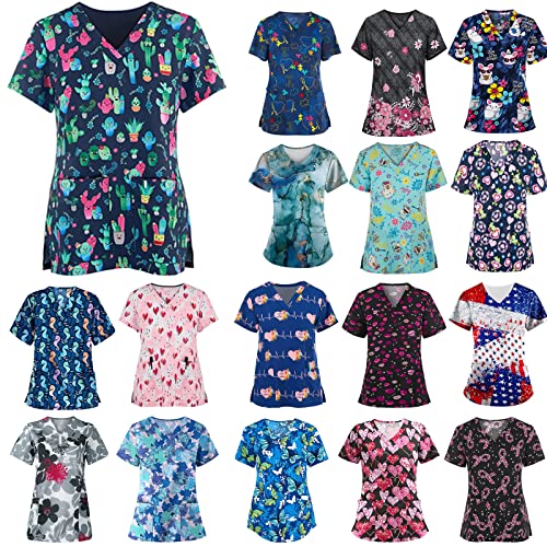 2024 Summer New Women's Medical Uniforms Scrubs Shirts Designed Cute Fun Color Print Designer Scrubs Tops Clearance Cheap Navy Pediatric Stretchy Holiday Decorative Scrub with Animals