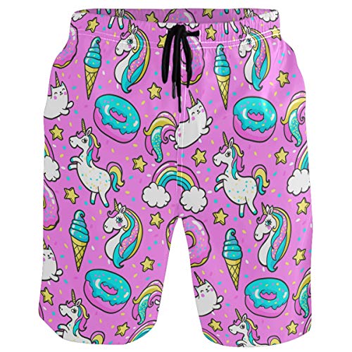 visesunny Unicorn Ice Cream Donut Print Men's Beach Shorts Swim Trunks Sports Running Bathing Suits with Mesh Lining