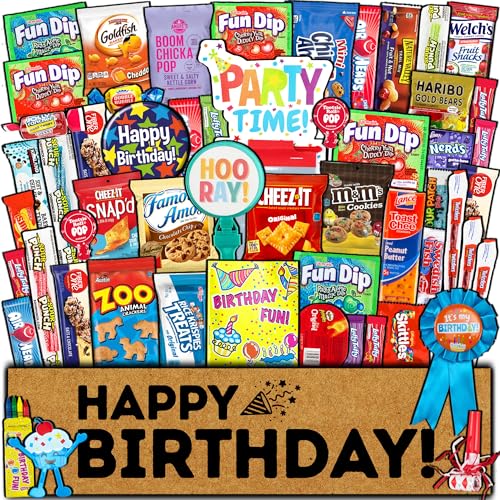 Birthday Care Package (50 Count) Snacks Food Cookies Bar Chips Party Variety Gift Box Pack Assortment Basket Bundle Mix Treat College Students Kids Teens