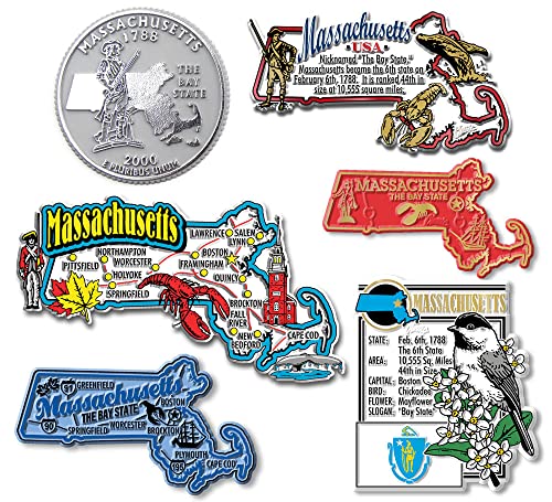 Massachusetts Six-Piece State Magnet Set by Classic Magnets, Includes 6 Unique Designs, Collectible Souvenirs Made in The USA